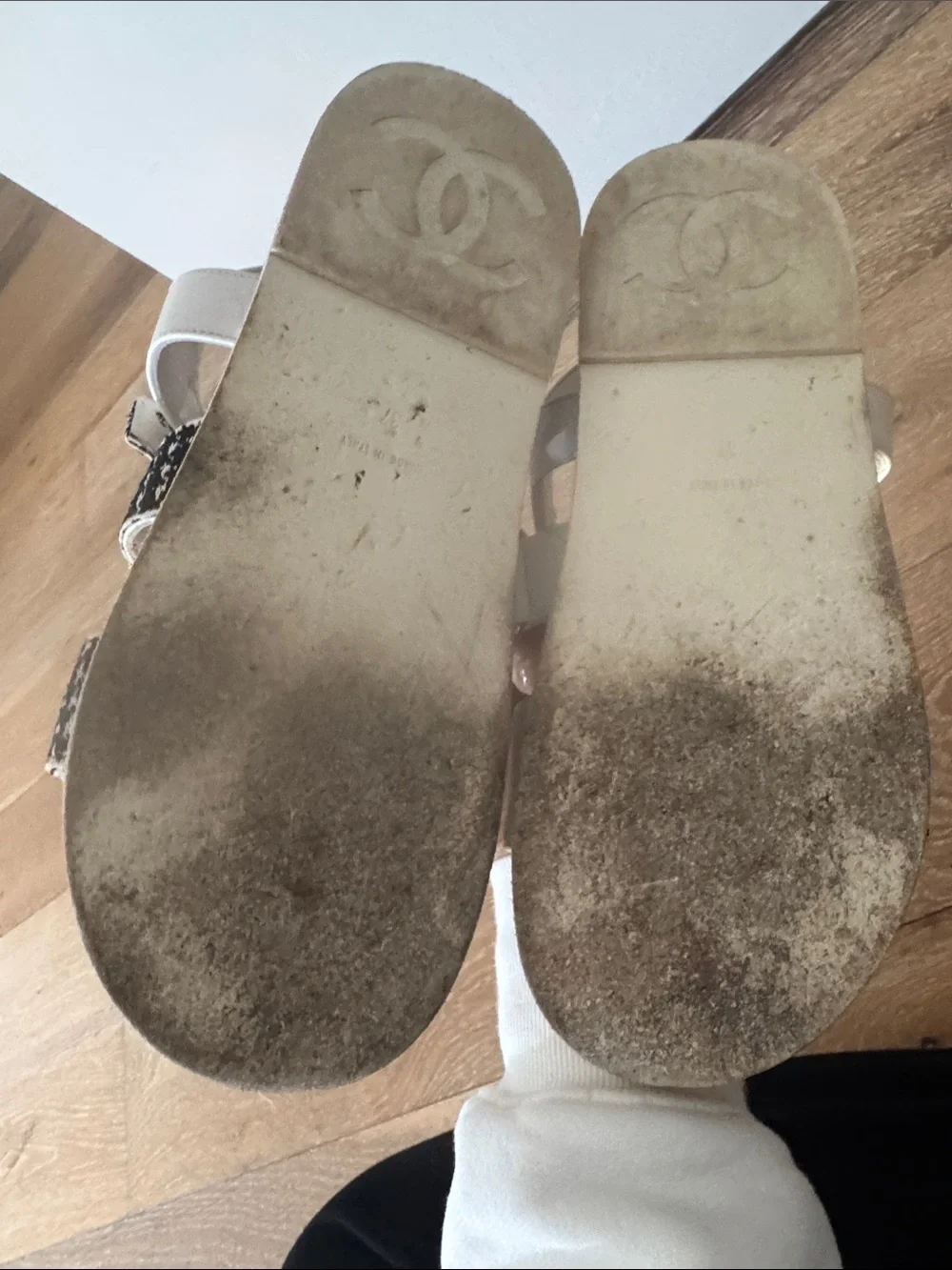 CHANEL White & Black Tweed Kids Sandals with Gold CC Accents
